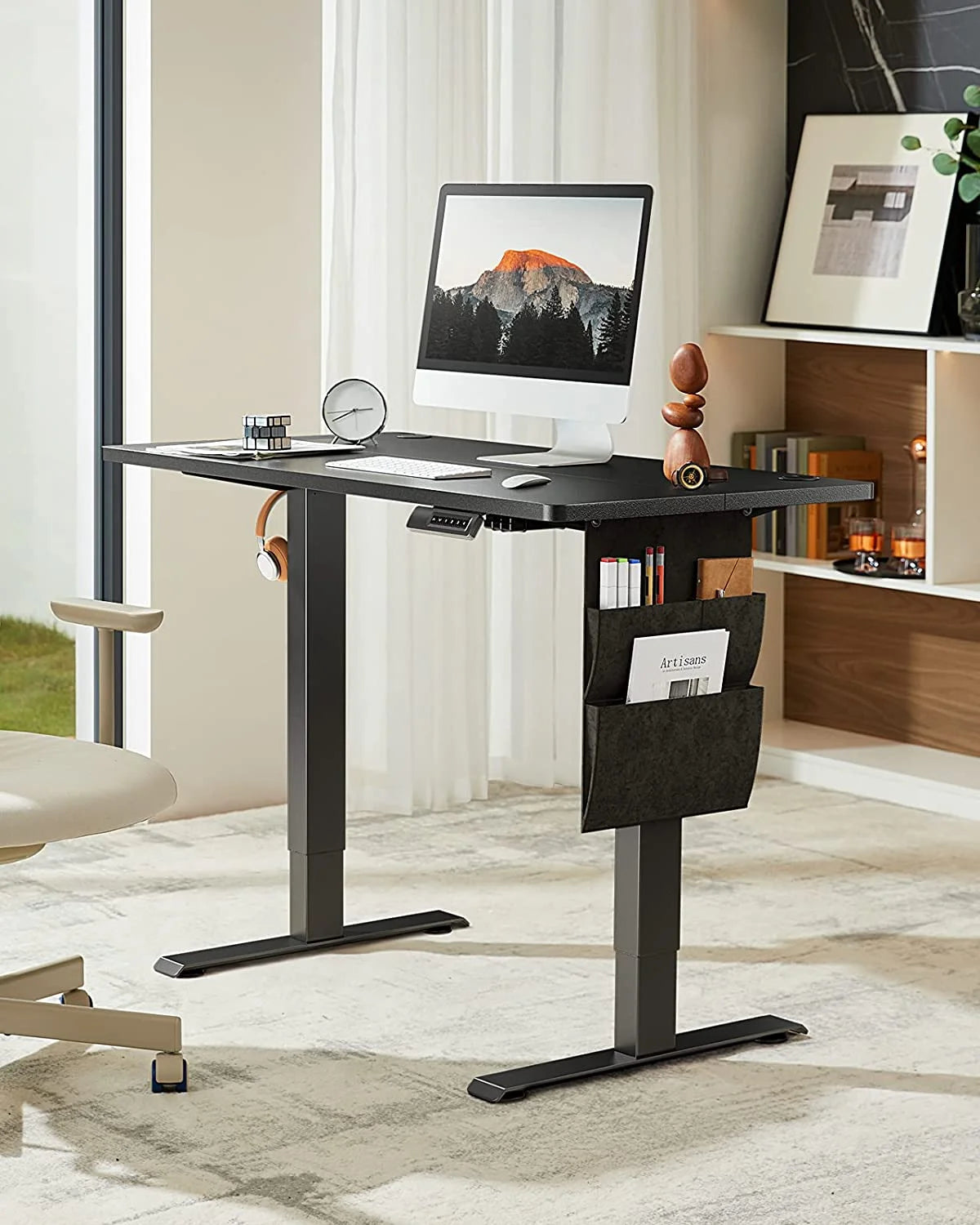 CHITOOMA Electric Standing Desk with Storage Bag, 40" X 24" Adjustable Height Sit to Stand Desk with 4 Memory Pre-Set, Headphone Hook for Home Office, Black
