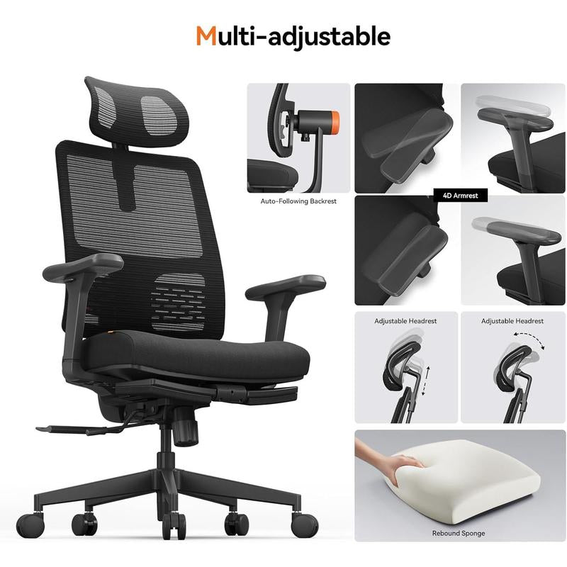 Newtral Ergonomic Office Chair with Footrest - Home Office Desk Chair with Adaptive Lumbar Support, 4D Armrest, Adjustable Seat Depth & Height (2D Headrest, Black)