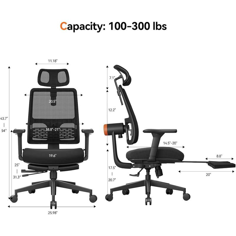 Newtral Ergonomic Office Chair with Footrest - Home Office Desk Chair with Adaptive Lumbar Support, 4D Armrest, Adjustable Seat Depth & Height (2D Headrest, Black)